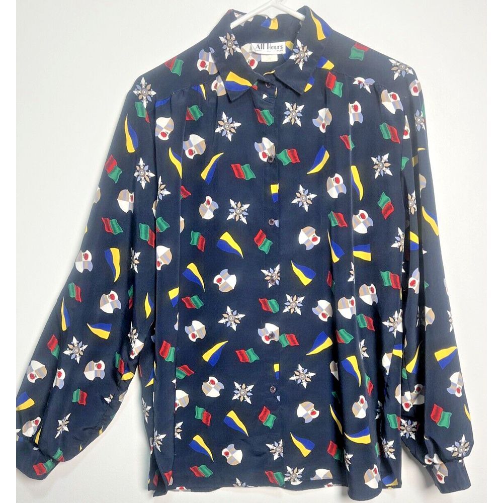 All Hours Paris Milan Button Up Multicolor Unisex Blouse Shirt Navy Blue - Large